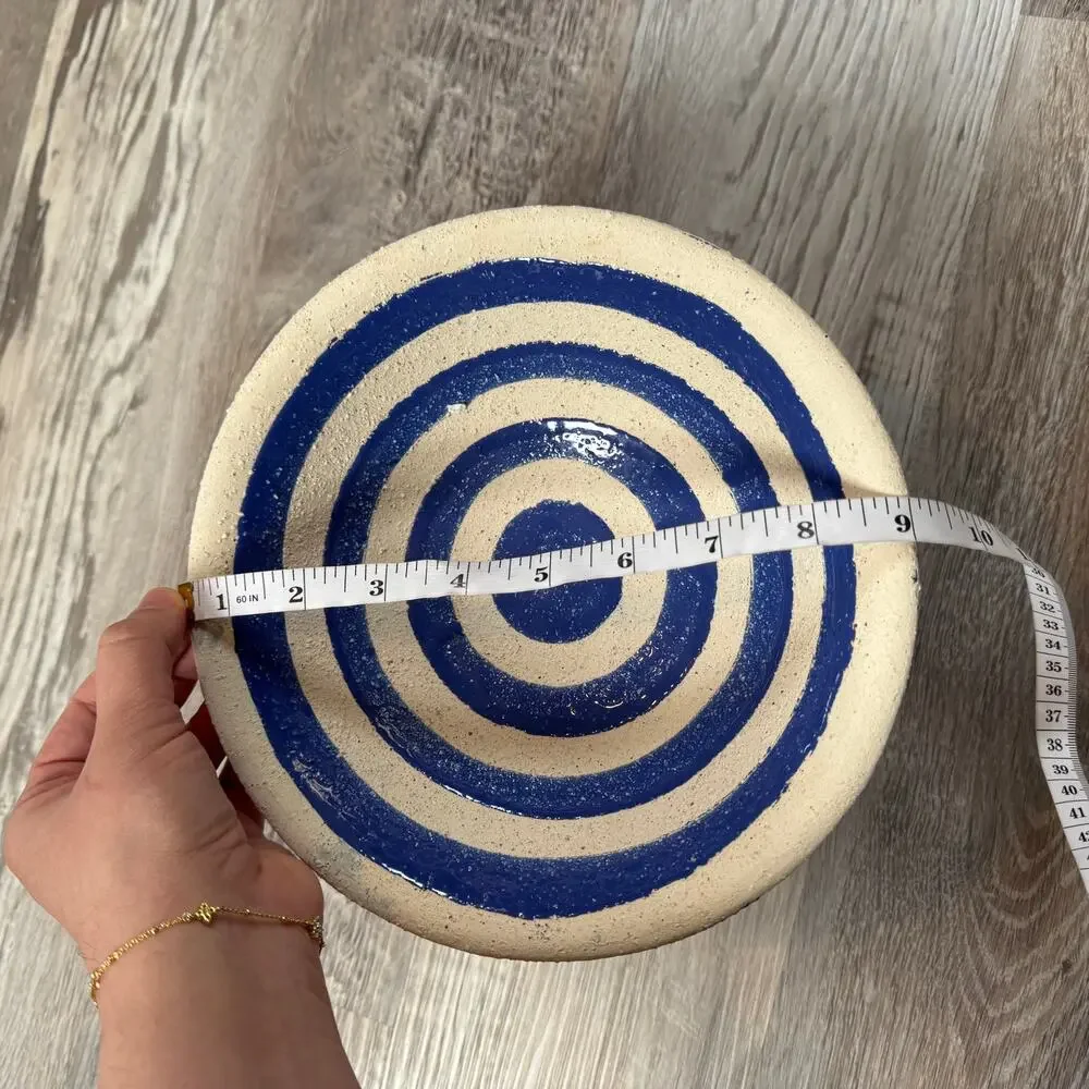 Handmade Studio Pottery Bowl Blue Stripe Pedestal Rustic Ceramic